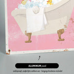 The image is an illustration of a bathtub filled with bubbles, featuring a rubber duck and a towel.