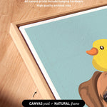 a vibrant and colorful artwork of a duck and a dog, with the duck's yellow beak and the dog's brown fur prominently displayed. The artwork is framed in a natural frame, and the text indicates that the artwork wraps around the sides of the canvas, and all canvas prints include hanging hardware and high-quality archival inks.