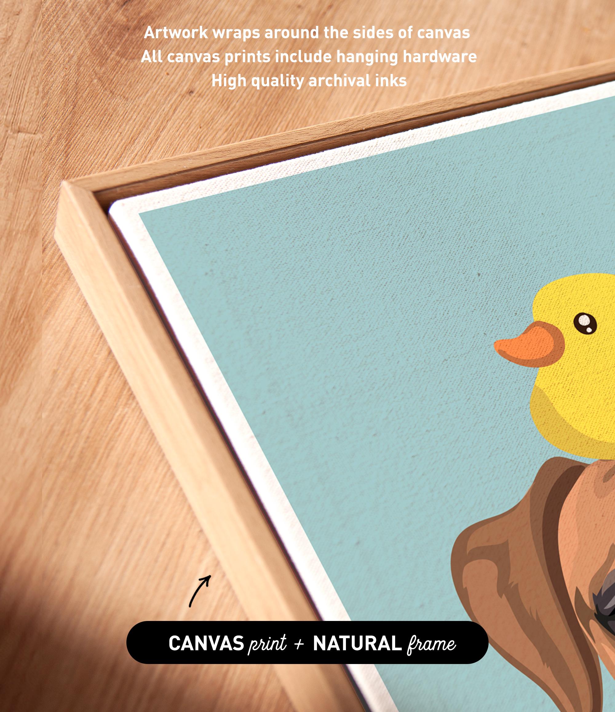 a vibrant and colorful artwork of a duck and a dog, with the duck's yellow beak and the dog's brown fur prominently displayed. The artwork is framed in a natural frame, and the text indicates that the artwork wraps around the sides of the canvas, and all canvas prints include hanging hardware and high-quality archival inks.