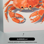 The image is an aluminum print depicting a large orange crab with its claws spread out.