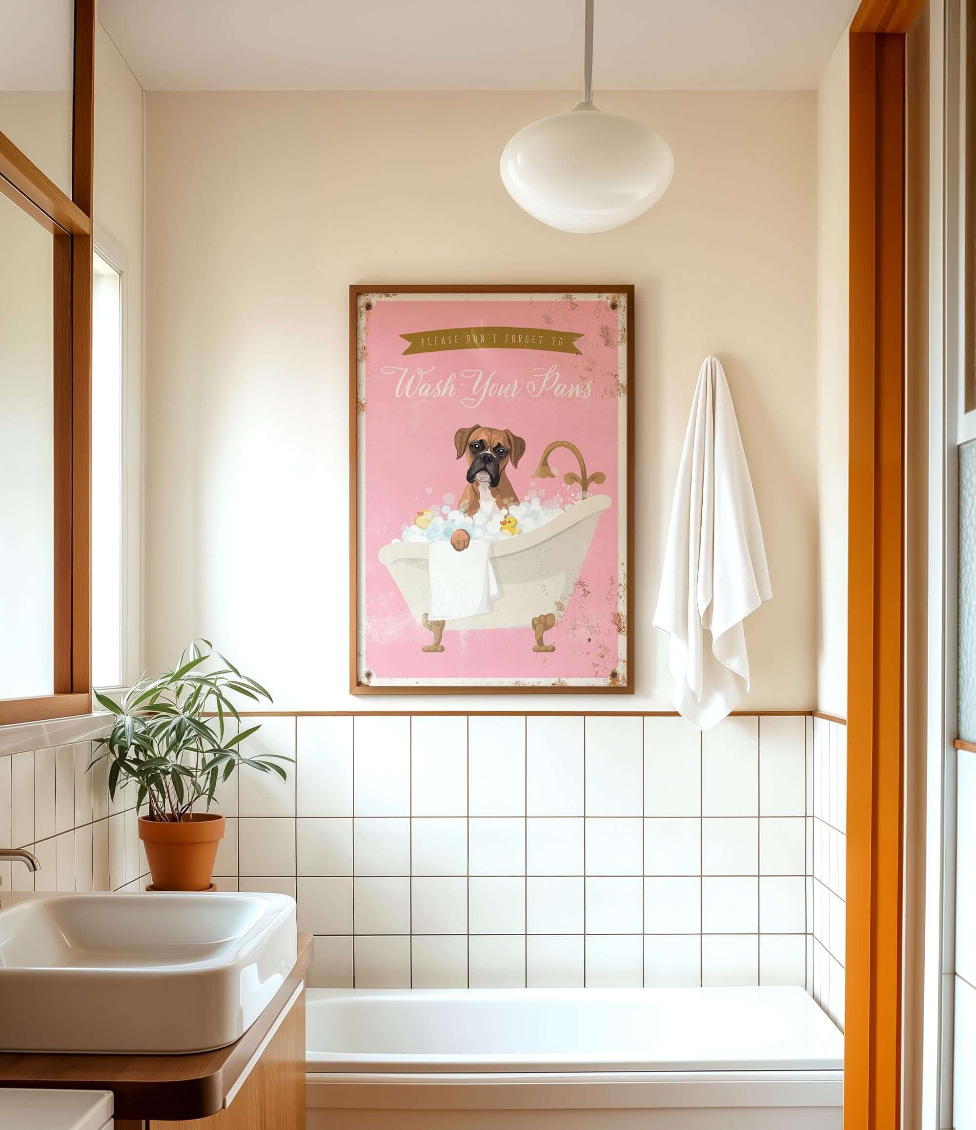 a bathroom with a pink bathtub, a towel, a plant, and a framed poster of a dog in a bathtub.