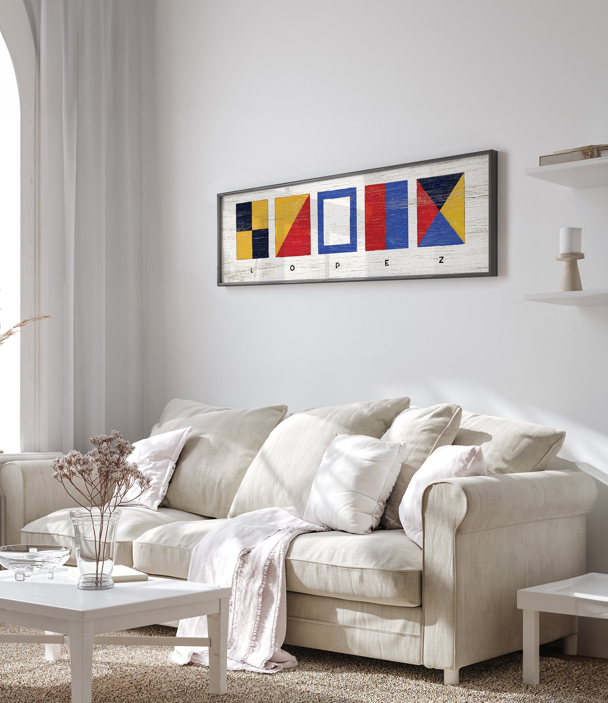 a living room with a white couch and a coffee table