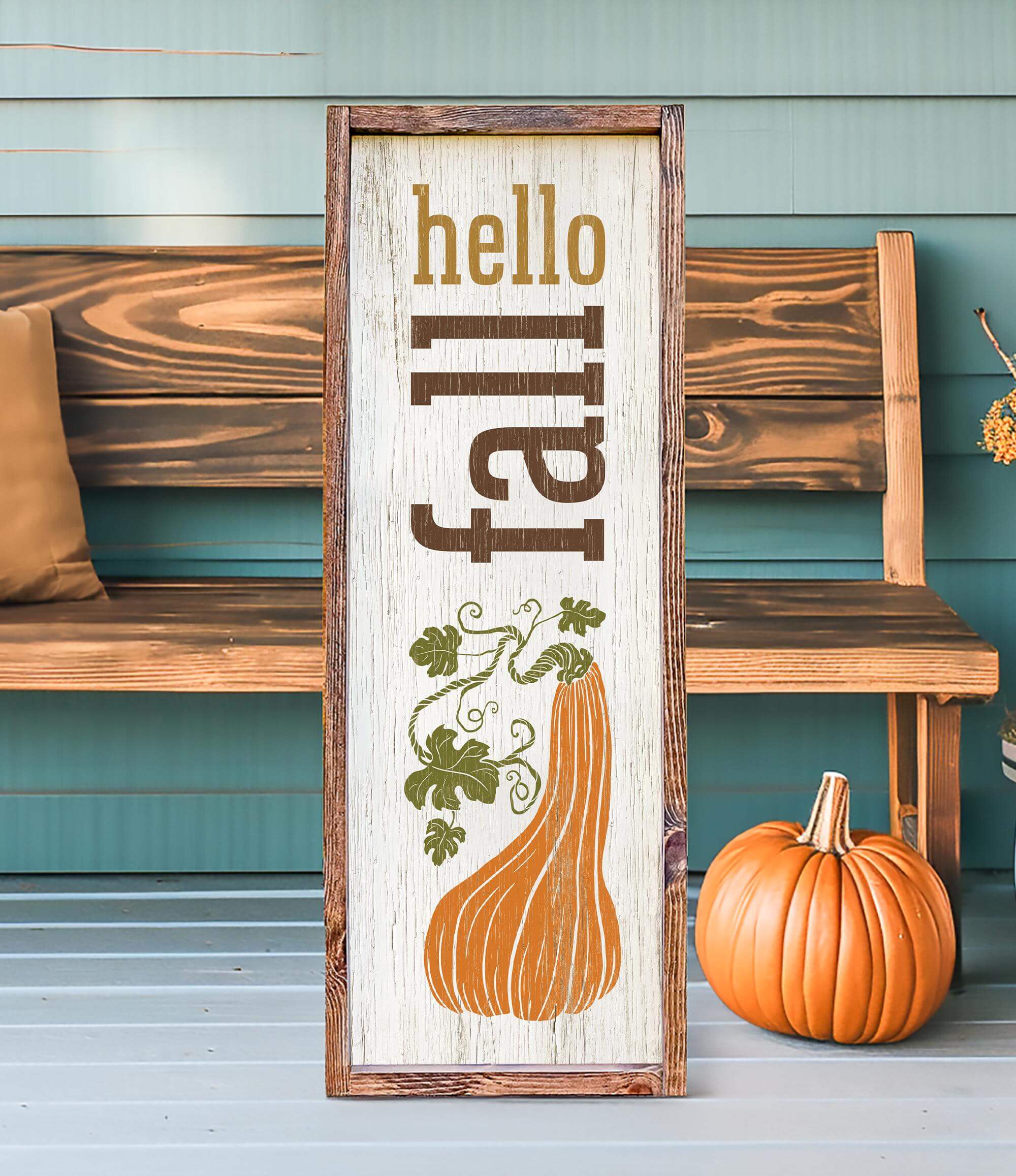 a wooden sign sitting on top of a wooden bench