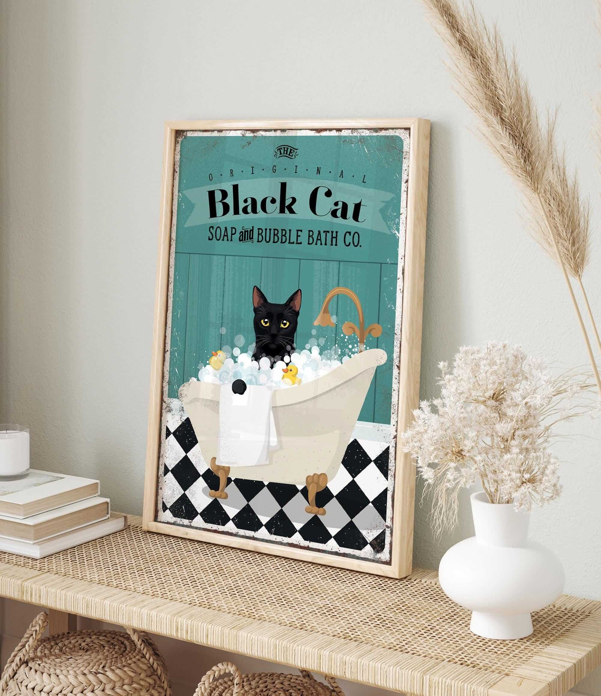 a picture of a black cat in a bathtub