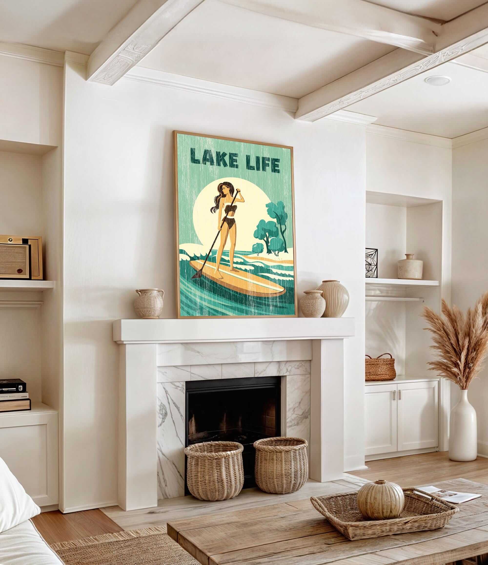 a living room with a fireplace, a poster of a woman paddleboarding, and various decorative elements such as baskets and a potted plant.