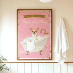 A framed poster with a cartoon image of a dog sitting in a bathtub, surrounded by bubbles, and a sign that says "Please don't forget to wash your pans".