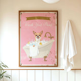 A framed poster with a cartoon image of a dog sitting in a bathtub, surrounded by bubbles, and a sign that says "Please don't forget to wash your pans".