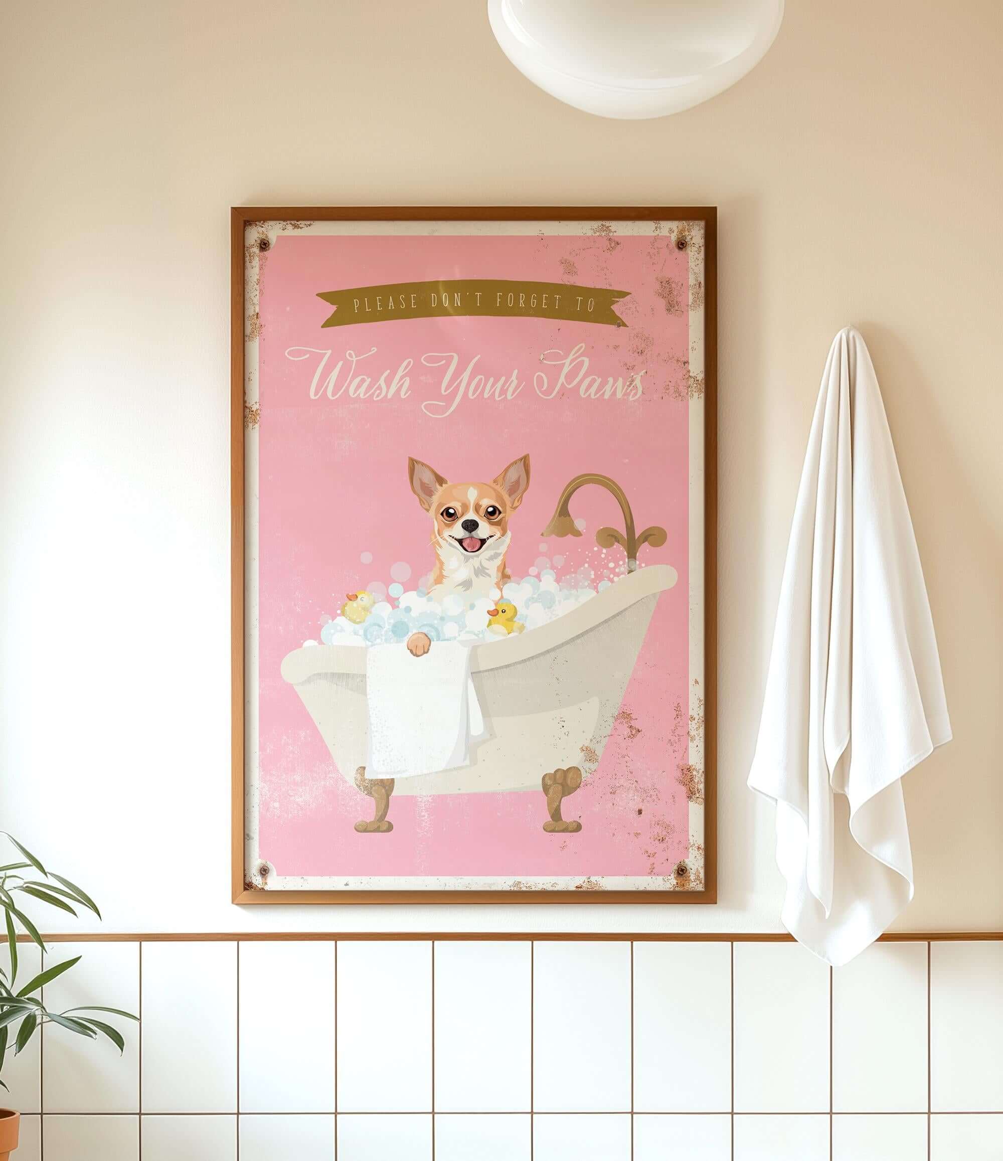 A framed poster with a cartoon image of a dog sitting in a bathtub, surrounded by bubbles, and a sign that says "Please don't forget to wash your pans".