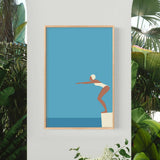 a framed illustration of a person diving into a pool, surrounded by lush tropical foliage.
