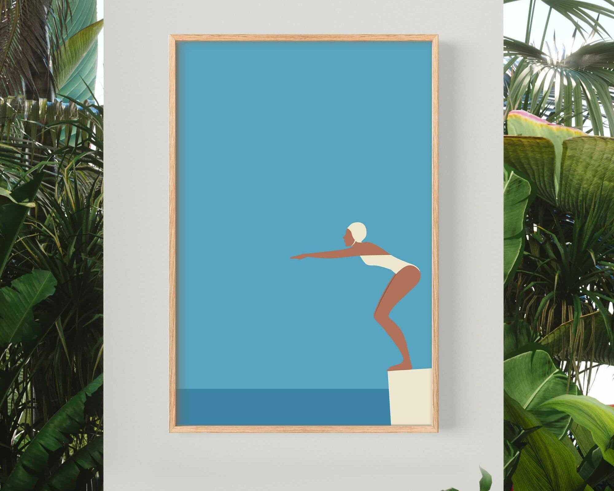 a framed illustration of a person diving into a pool, surrounded by lush tropical foliage.