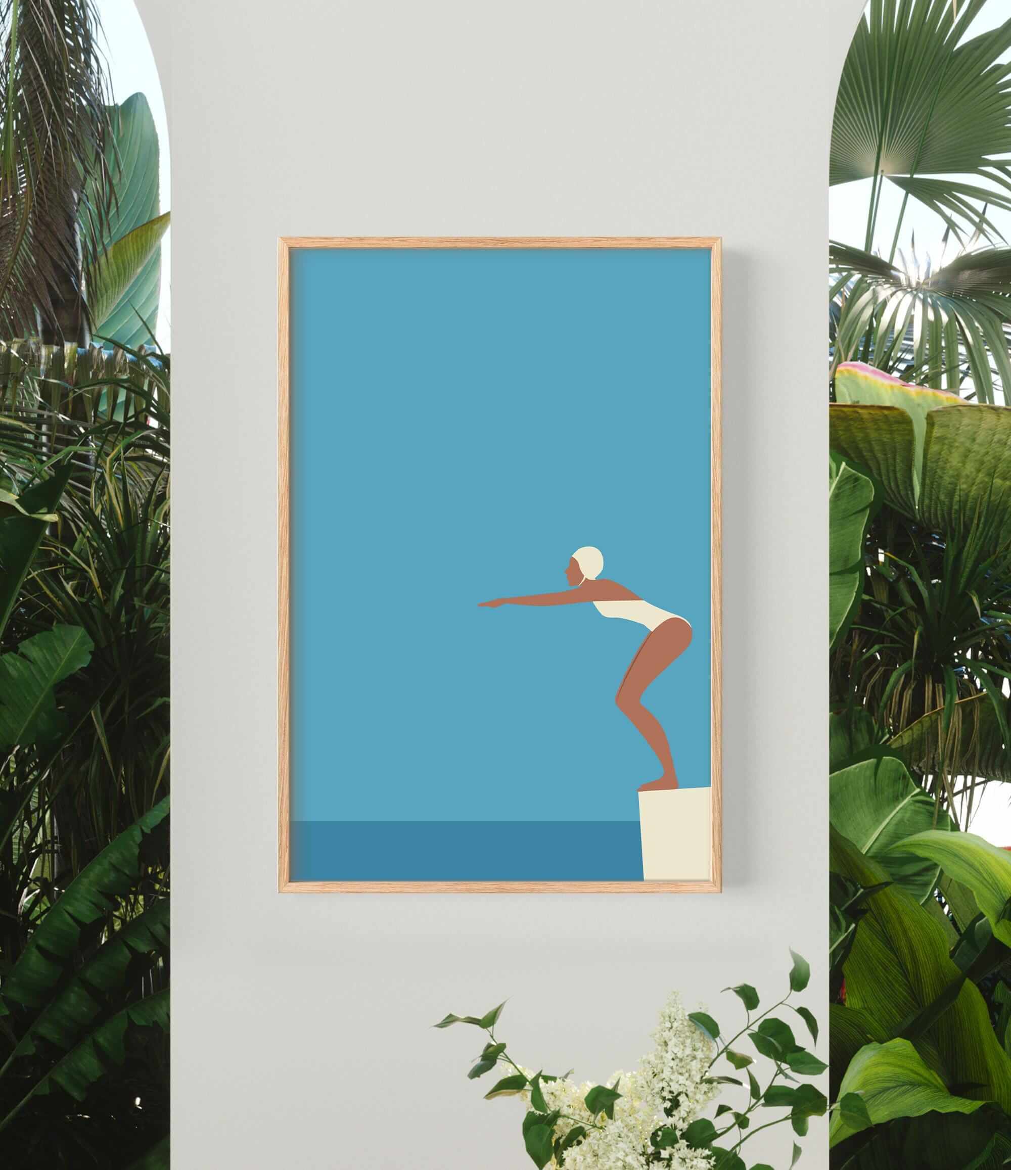 a framed illustration of a person diving into a pool, surrounded by lush tropical foliage.