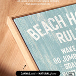 Close-up of the Beach House Rules Sign in Painted Wood, Tide design—features beach-themed text and natural wood frame with blue background, making it perfect coastal wall art for your space.
