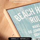 Close-up of the Beach House Rules Sign in Painted Wood, Tide design—features beach-themed text and natural wood frame with blue background, making it perfect coastal wall art for your space.