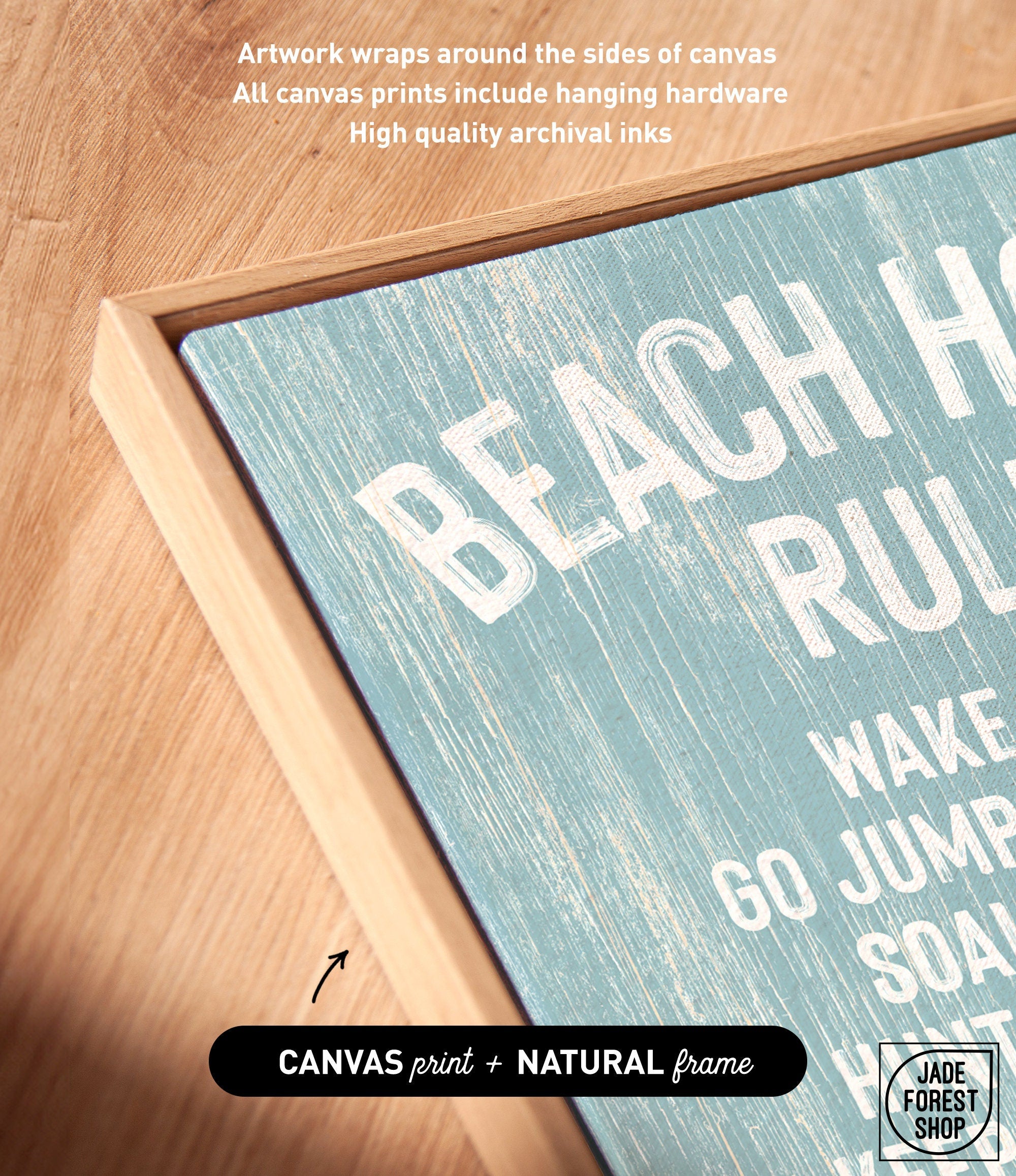 Close-up of the Beach House Rules Sign in Painted Wood, Tide design—features beach-themed text and natural wood frame with blue background, making it perfect coastal wall art for your space.