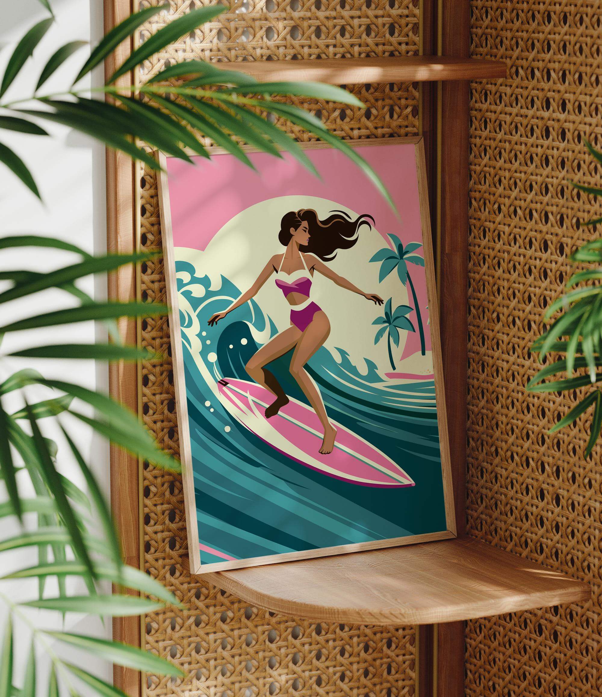 A framed illustration of a woman surfing on a pink surfboard, with palm trees and a sunset in the background.
