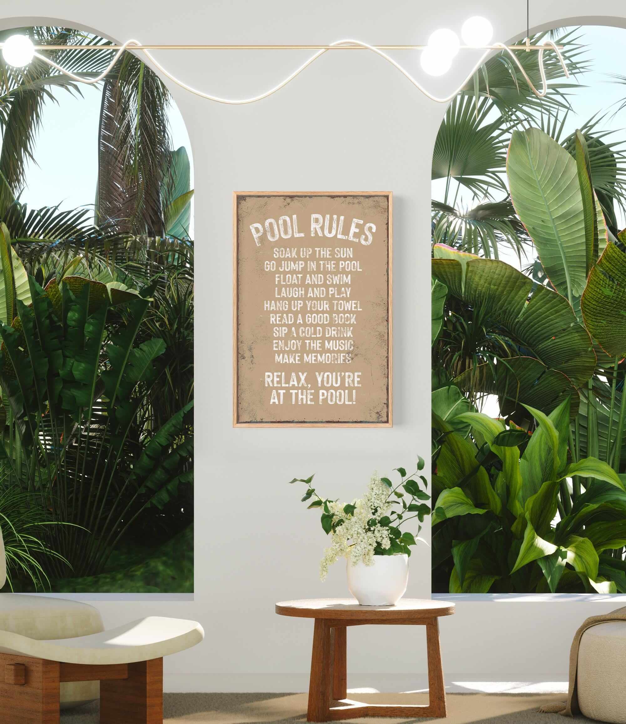 a picture of a pool rules sign hanging on a wall