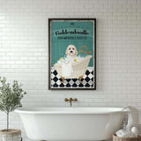a white bath tub sitting next to a white brick wall