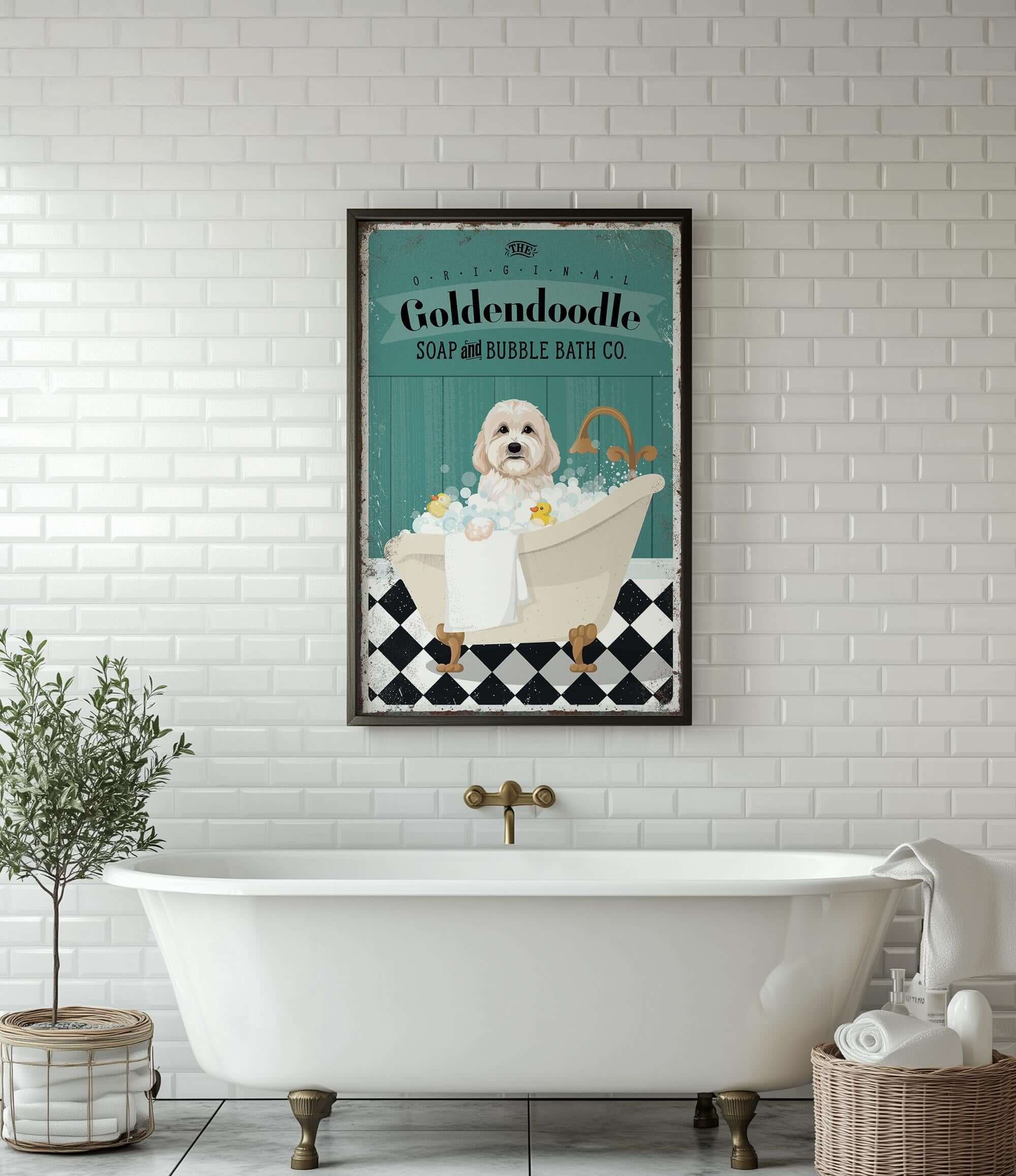 a white bath tub sitting next to a white brick wall