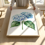 A person is holding up a framed painting of a blue hydrangea flower on a wooden table.