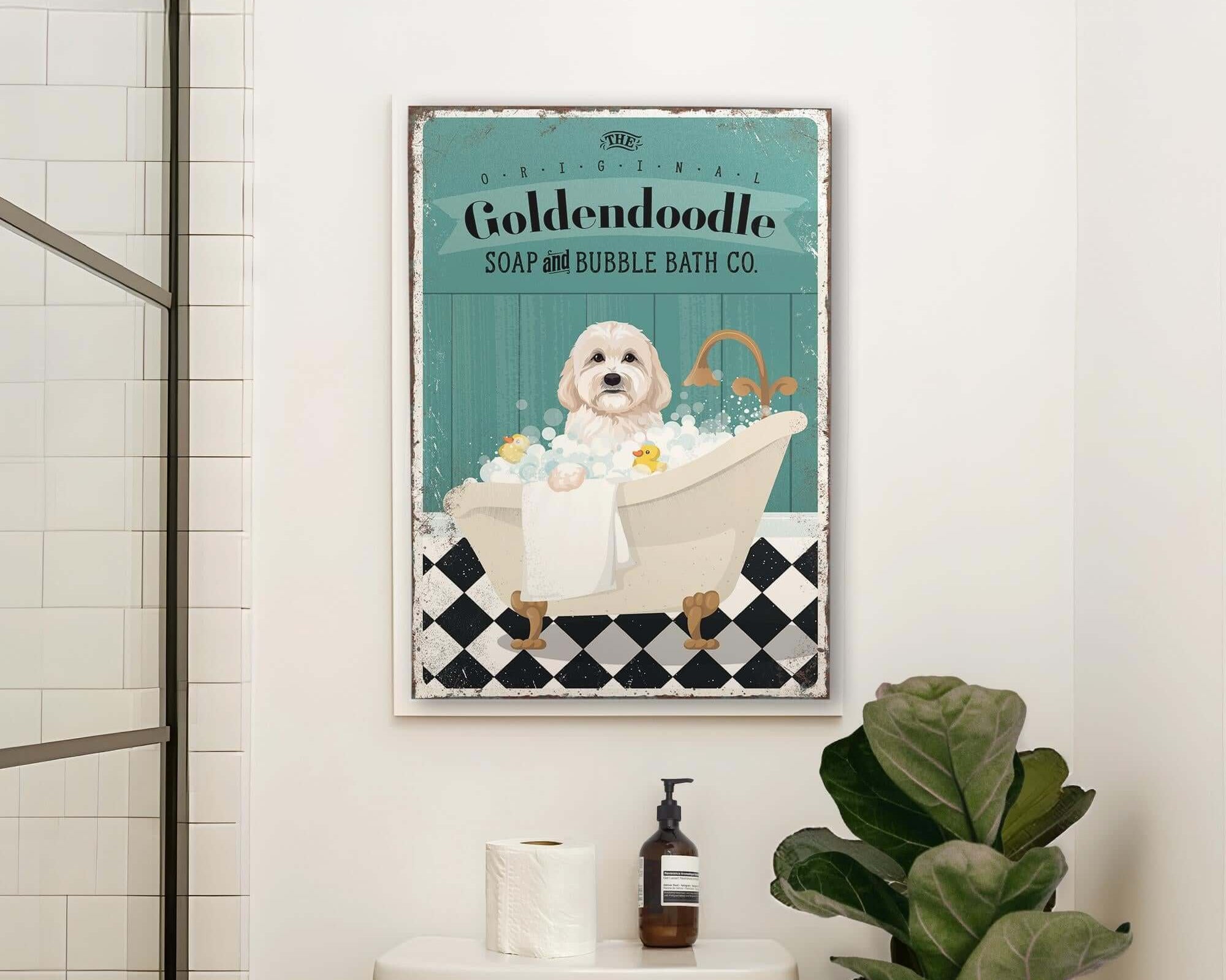 a bathroom with a toilet and a poster on the wall