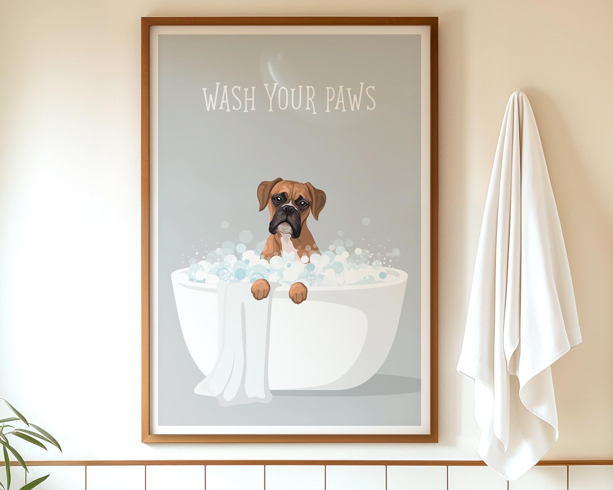 A framed poster with a cartoon image of a dog sitting in a bathtub, surrounded by bubbles, with the text "WASH YOUR PAWS" displayed above it.