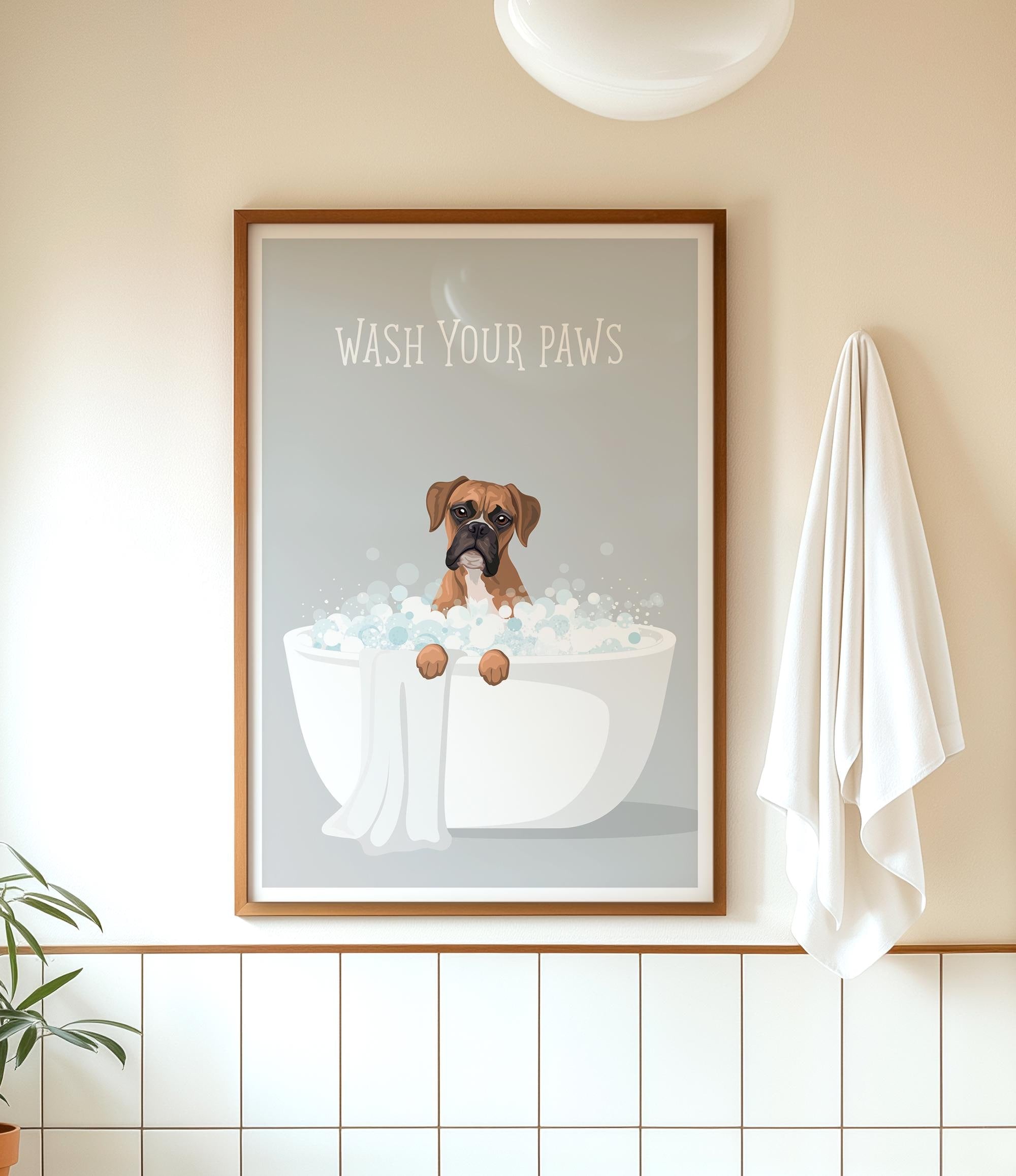 A framed poster with a cartoon image of a dog sitting in a bathtub, surrounded by bubbles, with the text "WASH YOUR PAWS" displayed above it.