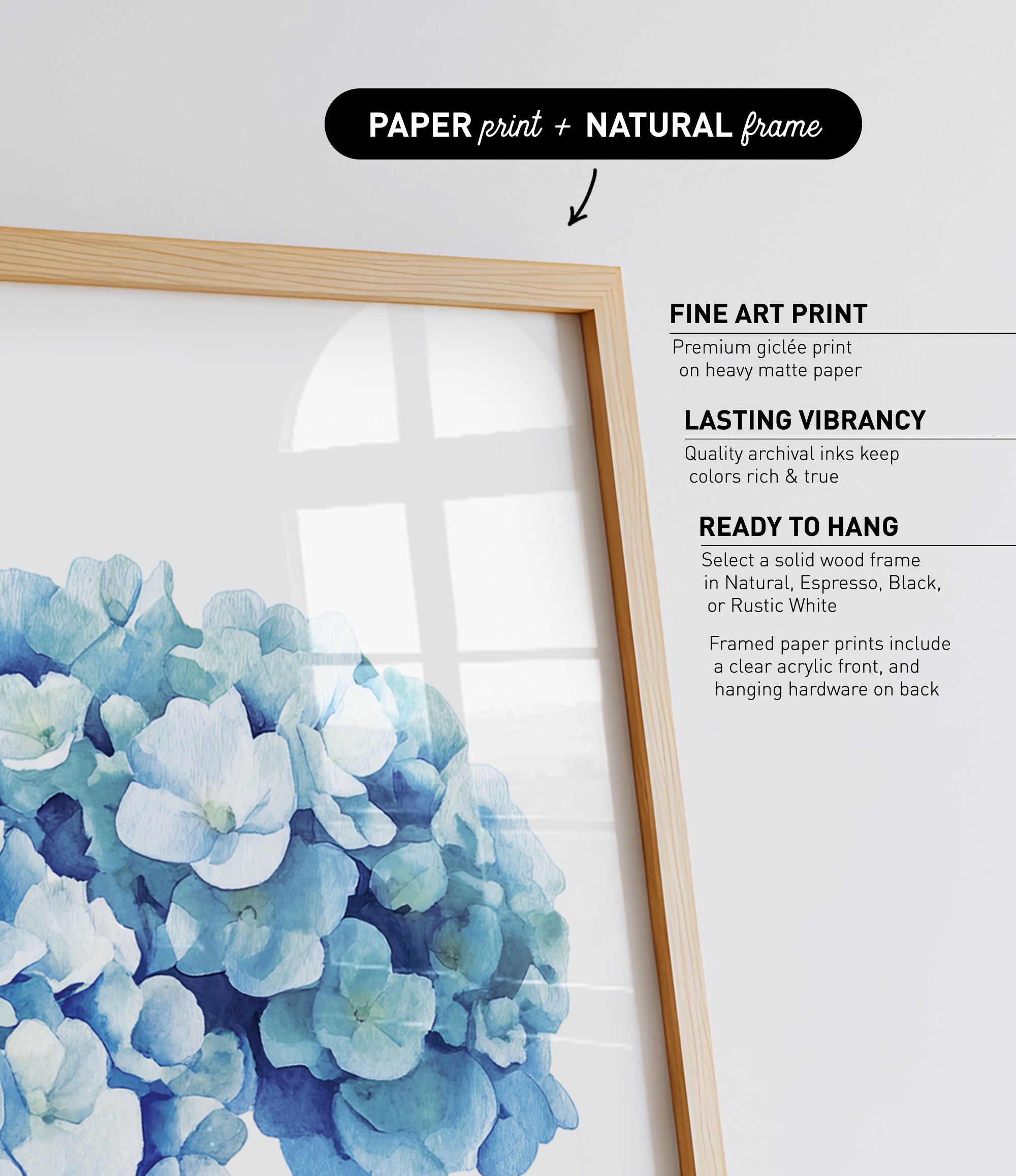 a framed print of a blue flower arrangement, with a natural frame.