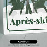The image is a sign with the word "Apres-ski" written on it, featuring two green chairs and skis.