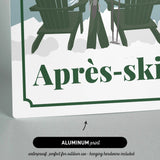 The image is a sign with the word "Apres-ski" written on it, featuring two green chairs and skis.