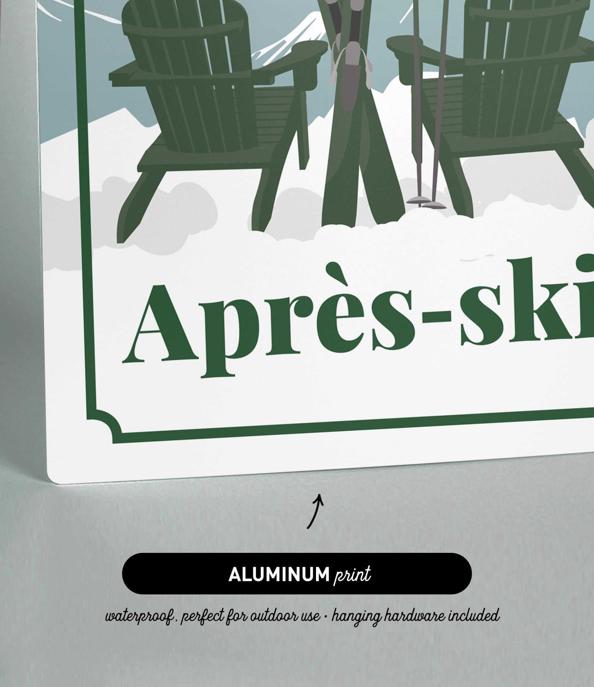 The image is a sign with the word "Apres-ski" written on it, featuring two green chairs and skis.