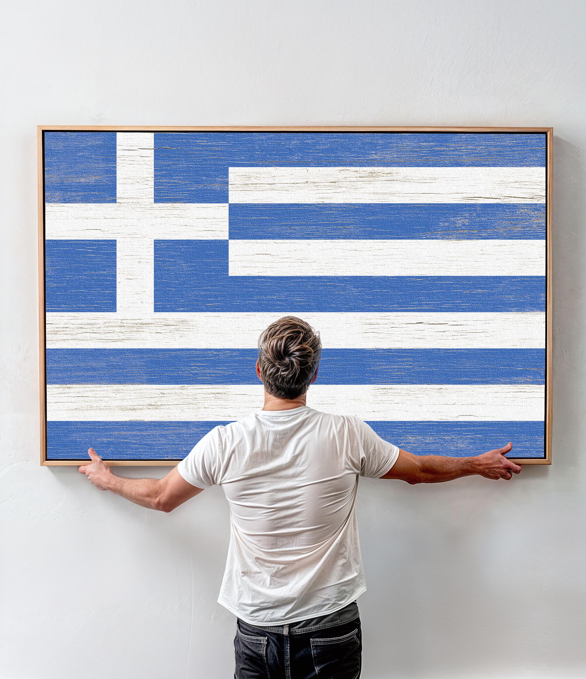 a man standing in front of a painting of the flag of greece