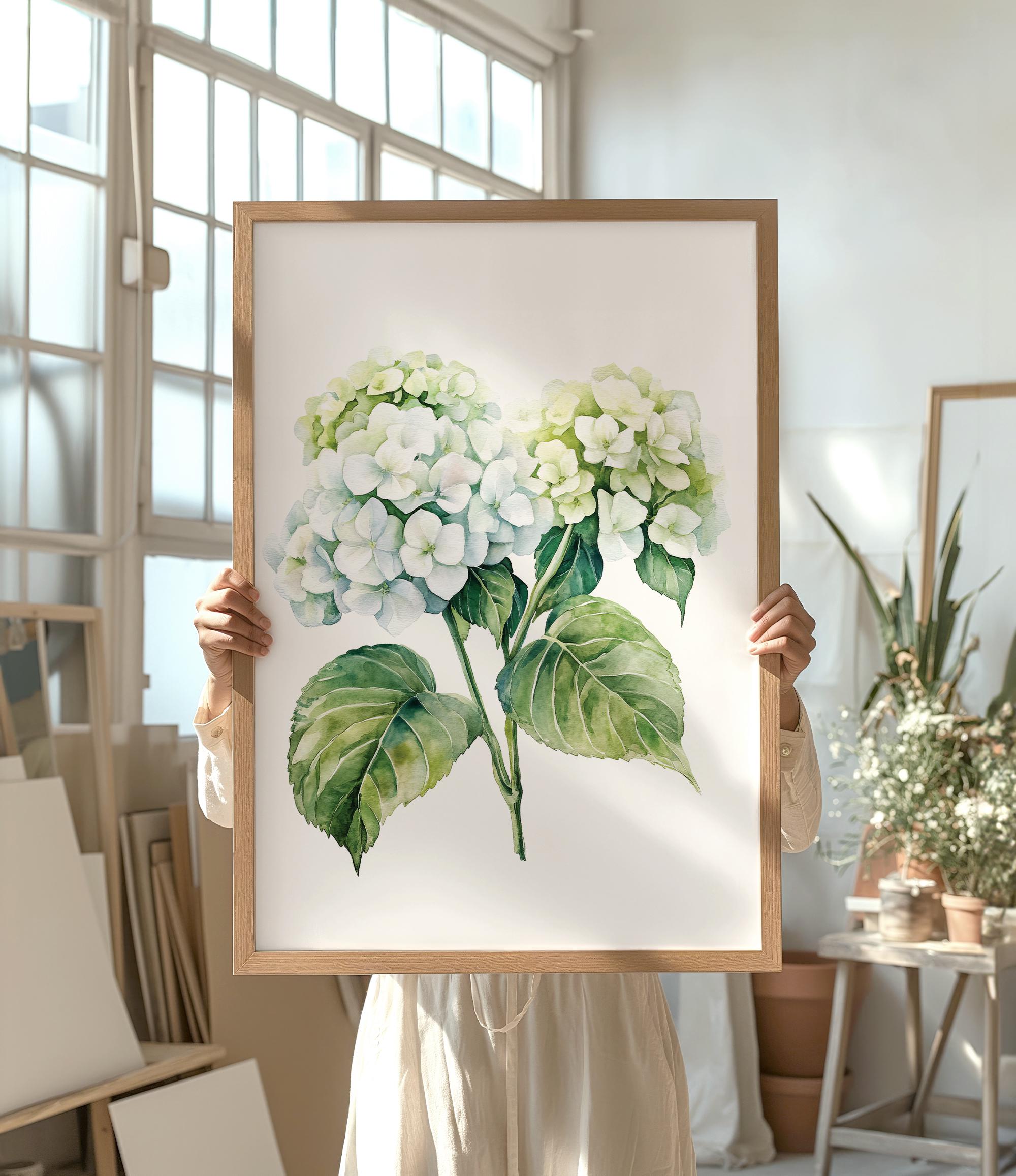 A person is holding up a framed painting of white hydrangea flowers with green leaves in a room with large windows.