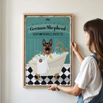 a woman standing next to a poster of a dog in a bathtub