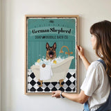 a woman standing next to a poster of a dog in a bathtub