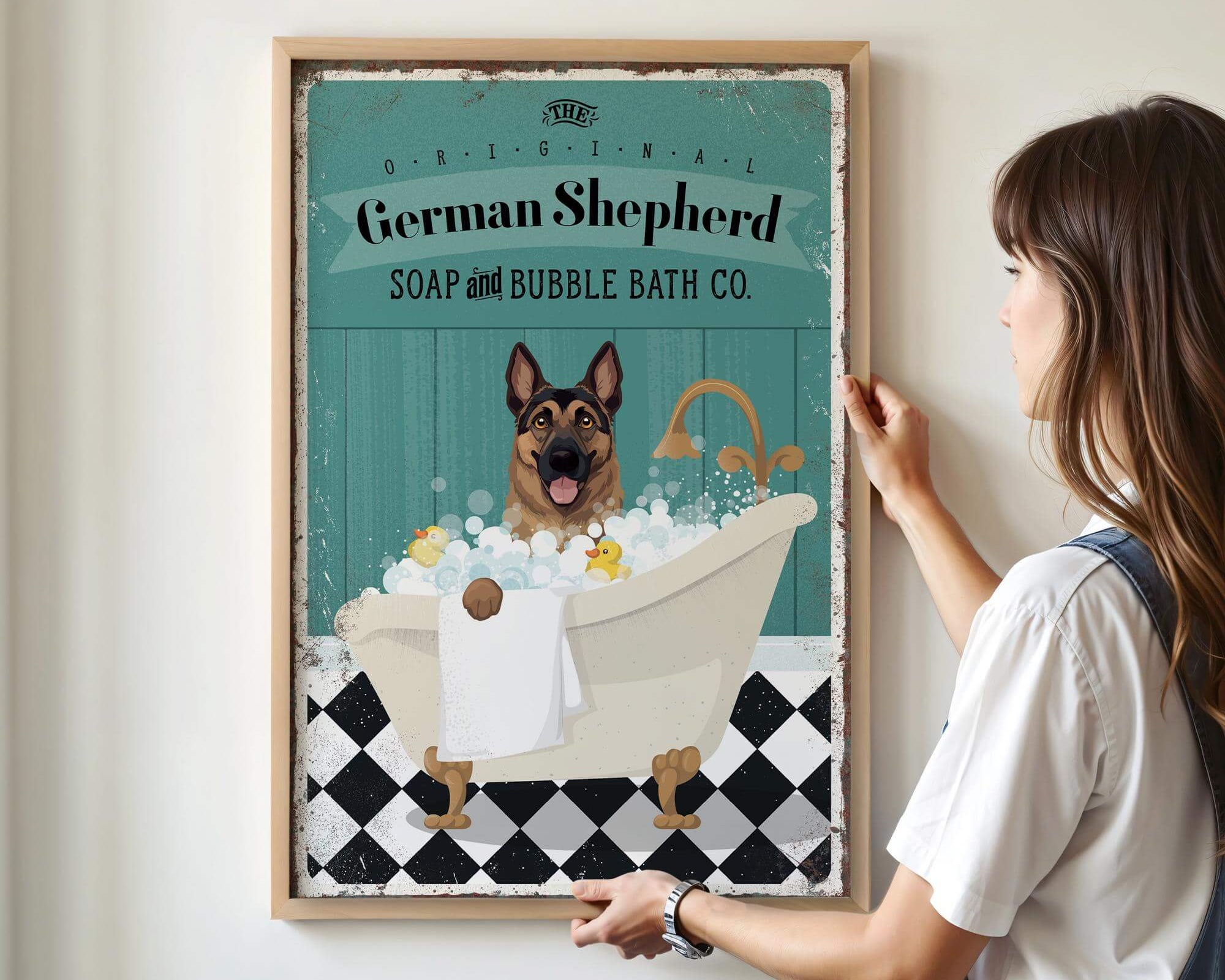 a woman standing next to a poster of a dog in a bathtub
