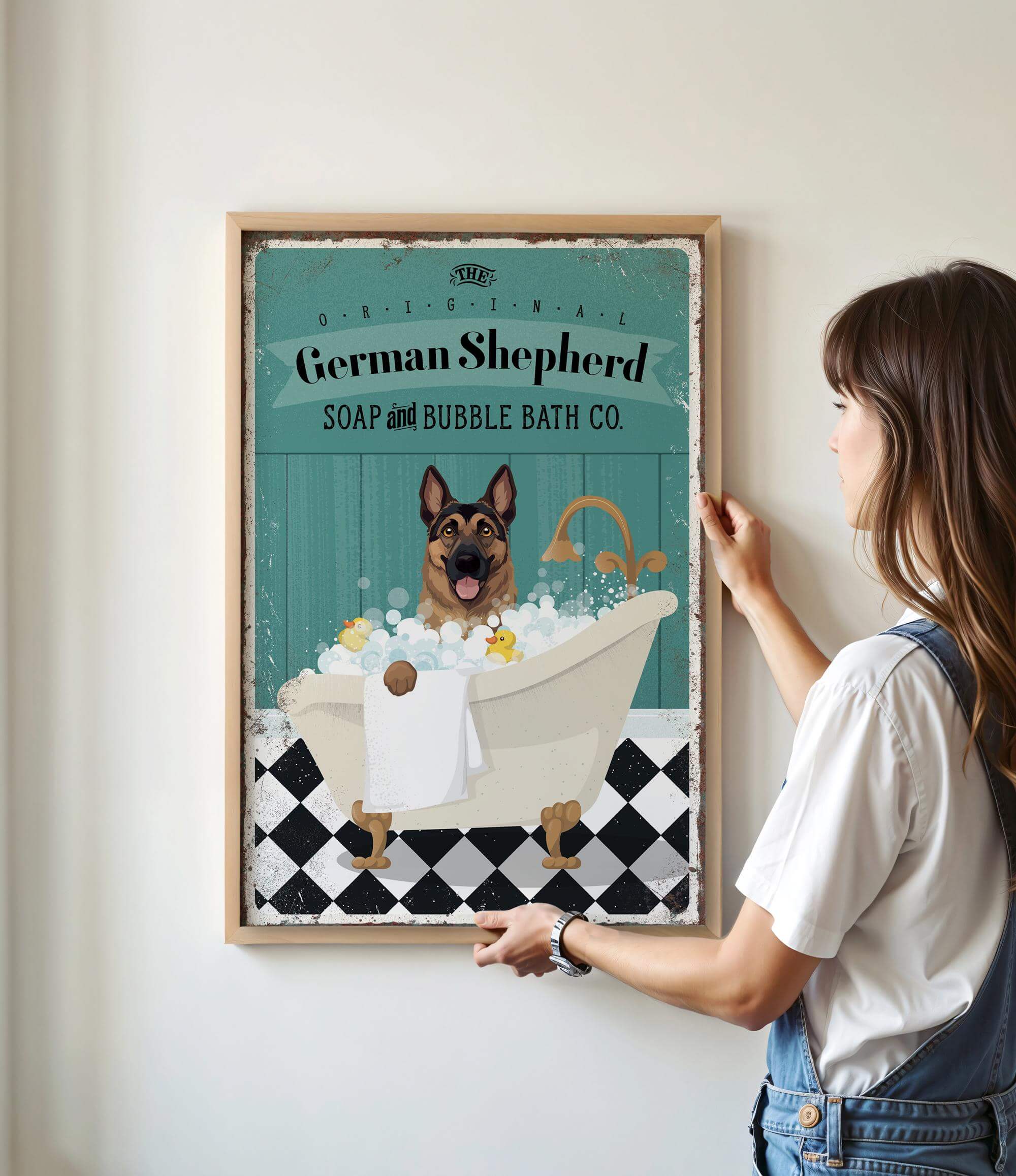 a woman standing next to a poster of a dog in a bathtub