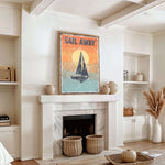 a living room with a fire place and a painting on the wall