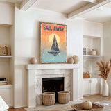a living room with a fire place and a painting on the wall