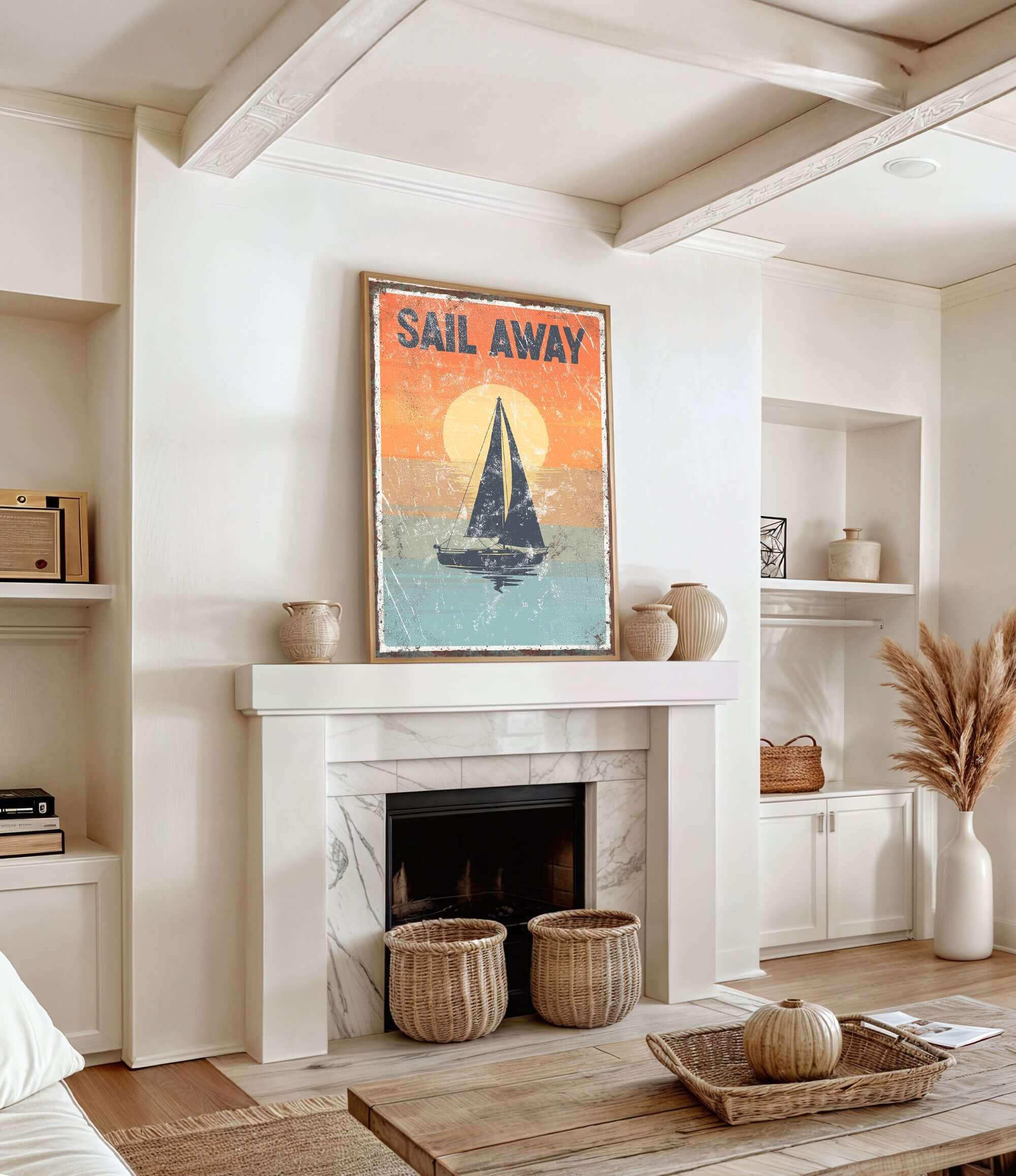 a living room with a fire place and a painting on the wall