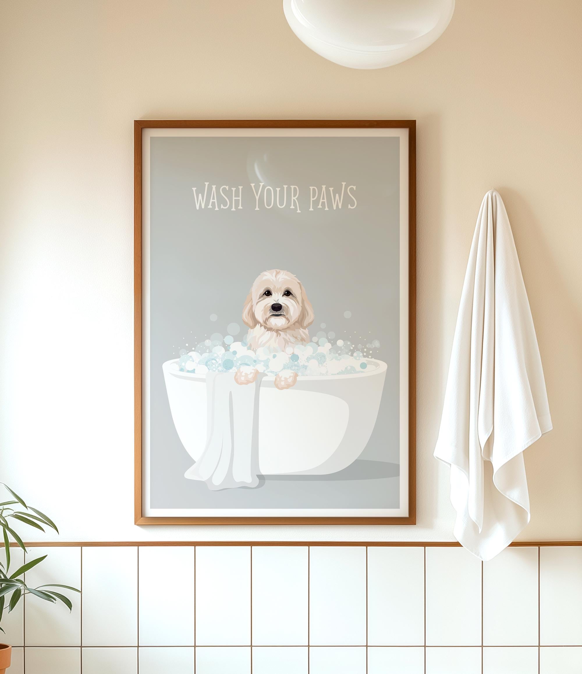 A framed poster with a dog sitting in a bathtub filled with bubbles, accompanied by the text "WASH YOUR PAWS" on the poster.