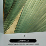 The image is an aluminum print featuring a close-up view of a green leaf with a gold-colored interior.