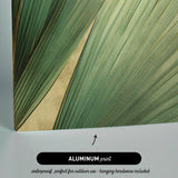 The image is an aluminum print featuring a close-up view of a green leaf with a gold-colored interior.
