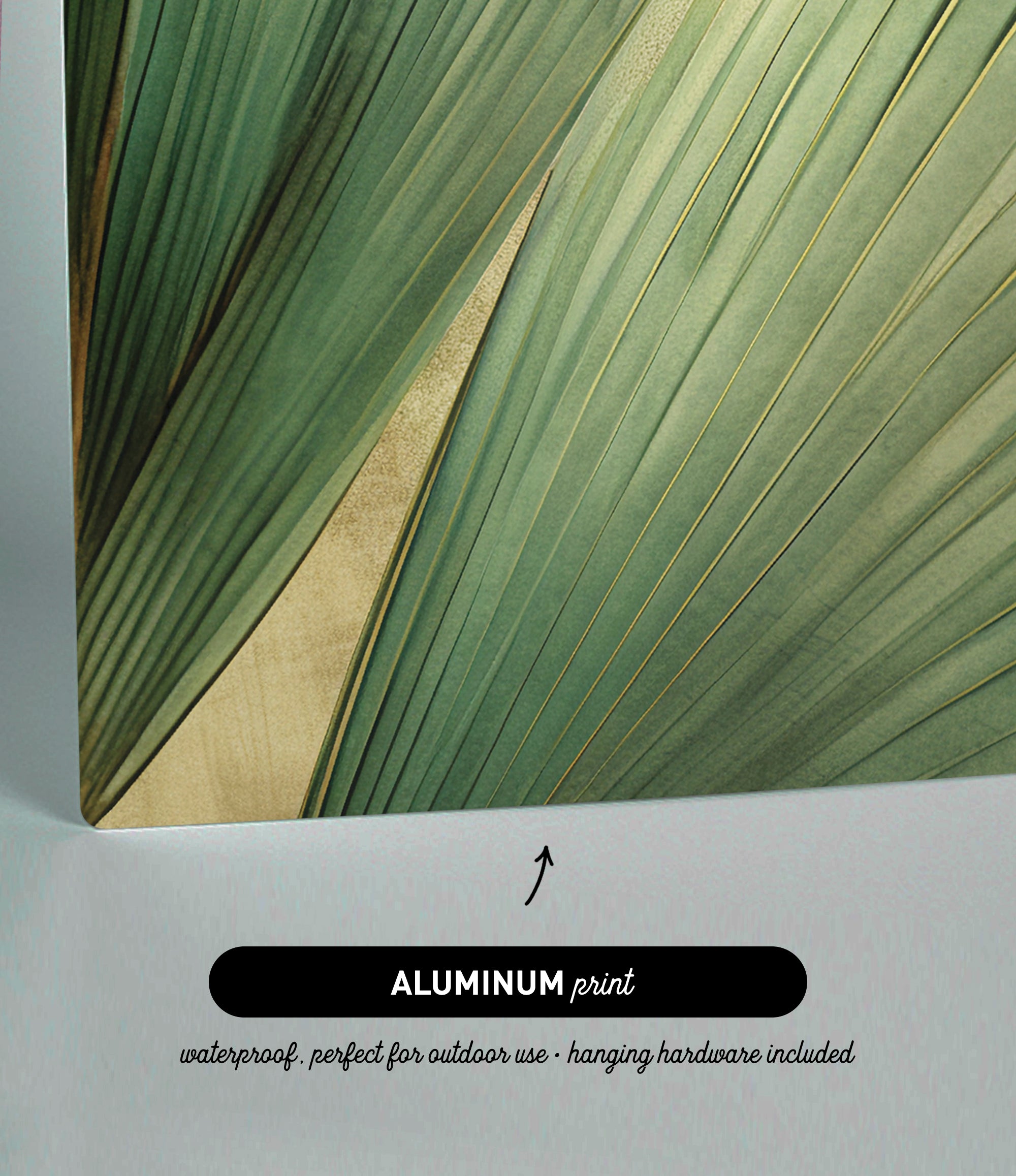 The image is an aluminum print featuring a close-up view of a green leaf with a gold-colored interior.