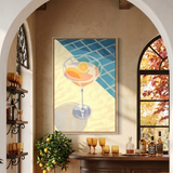 a cozy and inviting bar setting with a wooden bar counter, two stools, and a large painting of a cocktail glass on the wall. The bar is surrounded by potted plants and cacti, creating a warm and relaxing atmosphere.