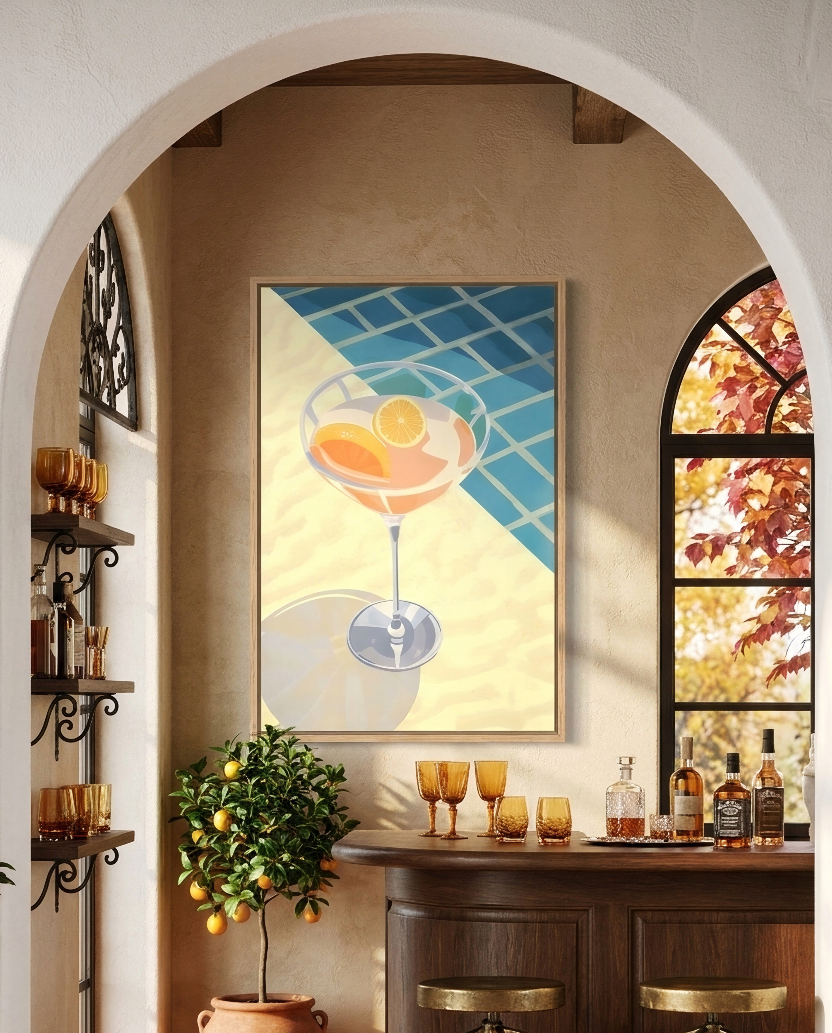 a cozy and inviting bar setting with a wooden bar counter, two stools, and a large painting of a cocktail glass on the wall. The bar is surrounded by potted plants and cacti, creating a warm and relaxing atmosphere.