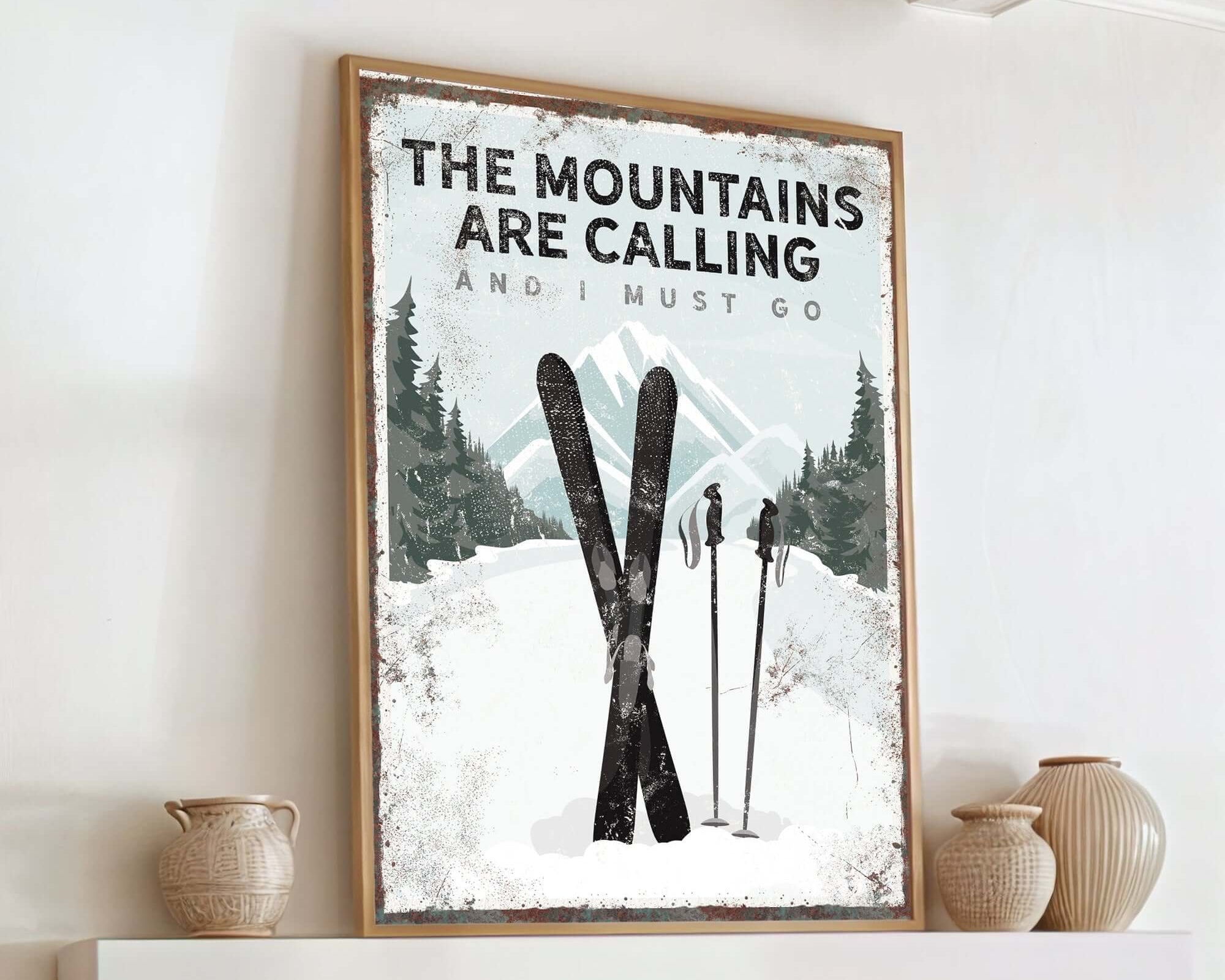 a picture of skis on a fireplace mantel
