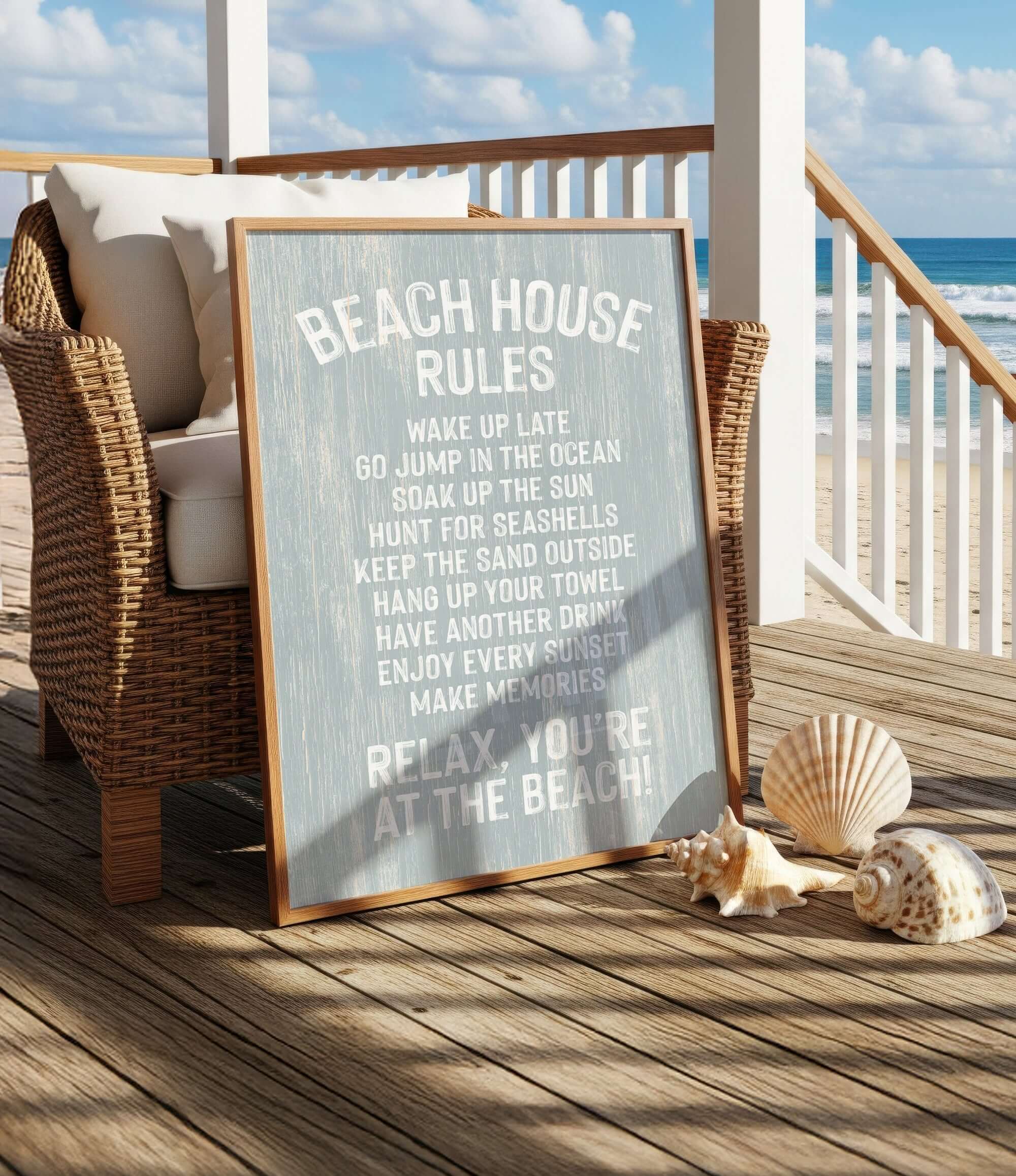 a beach house sign with a beach scene in the background, along with a wicker chair and some seashells on a wooden deck.