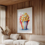 a living room with a large, colorful painting of popcorn hanging on the wall. The painting is framed and appears to be a vibrant depiction of popcorn, adding a playful and cheerful touch to the room's decor.