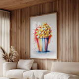 a living room with a large, colorful painting of popcorn hanging on the wall. The painting is framed and appears to be a vibrant depiction of popcorn, adding a playful and cheerful touch to the room's decor.