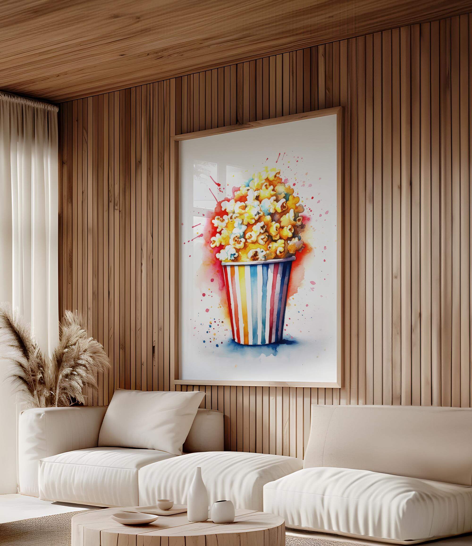 a living room with a large, colorful painting of popcorn hanging on the wall. The painting is framed and appears to be a vibrant depiction of popcorn, adding a playful and cheerful touch to the room's decor.